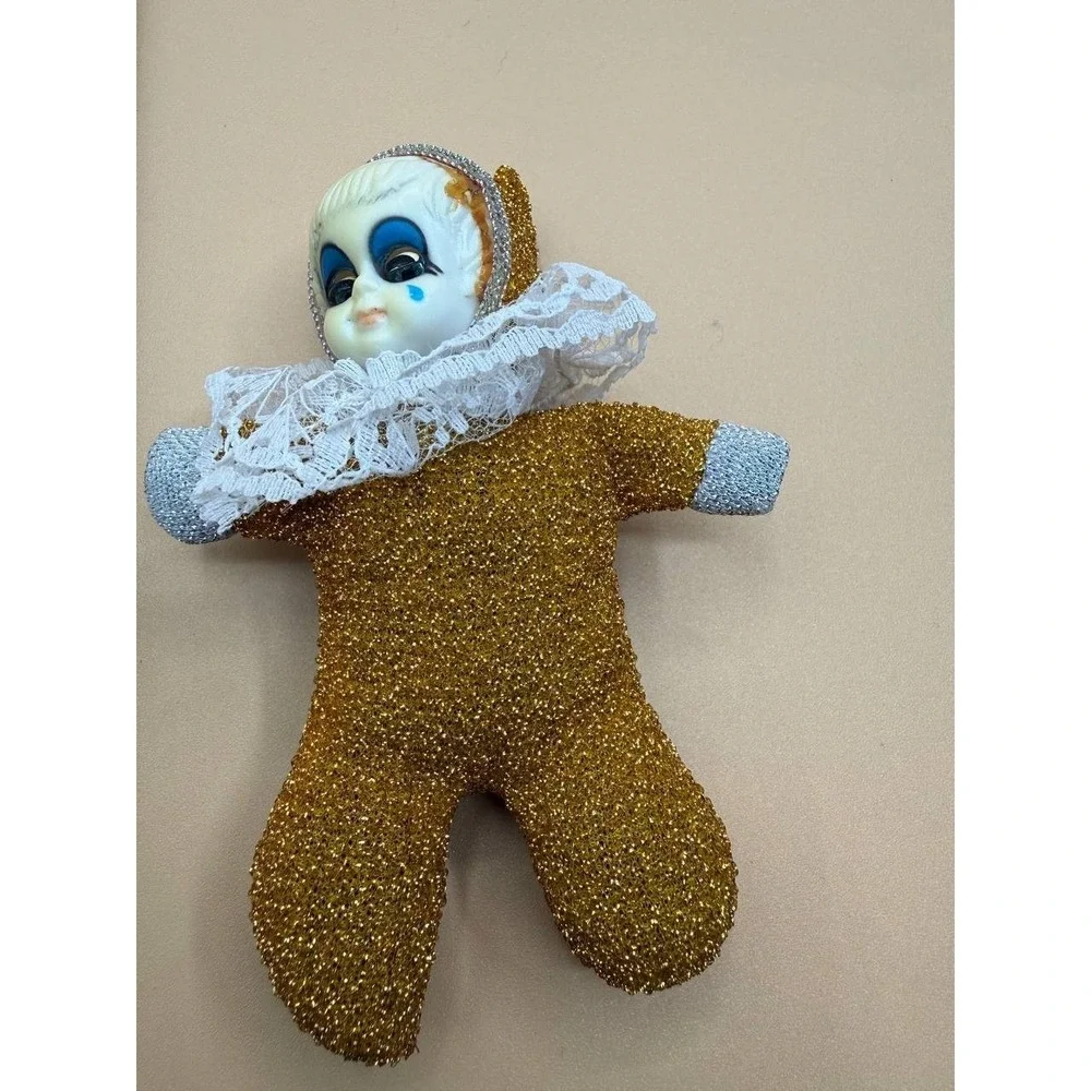 Vintage Pixie Clown Doll Ornament W/ Gold, Silver & Lace W/ Blue Blinking Eyes